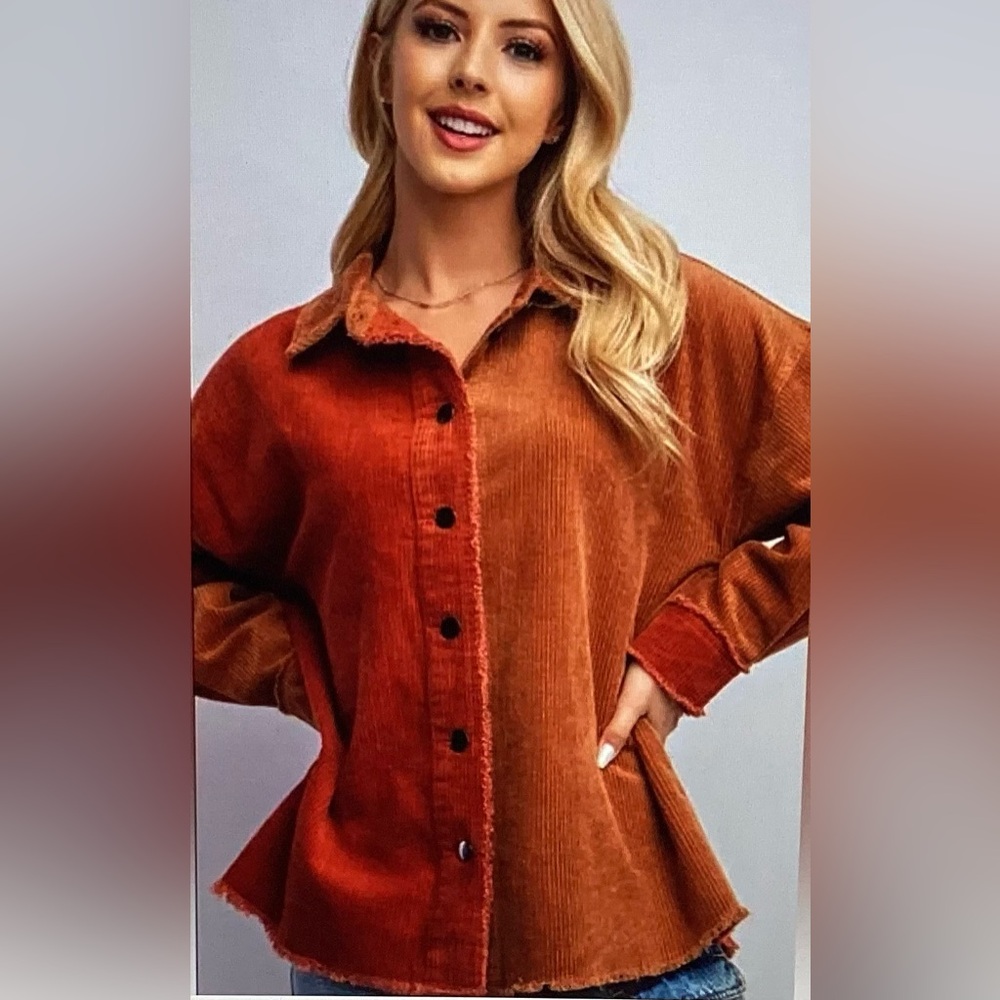 Easel Corduroy Colorblock Shacket- Rust